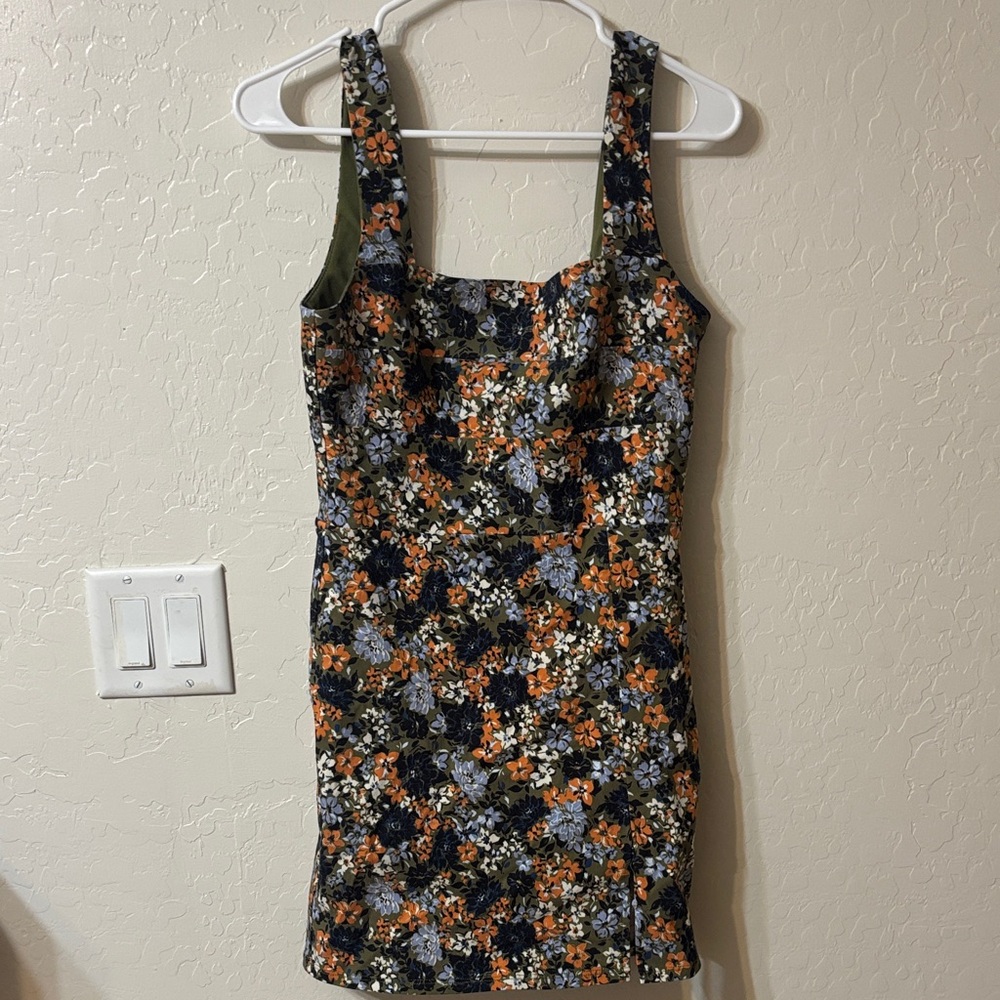 Trixxi Olive Floral Square-Neck Mini Dress with Orange & Cream Blooms